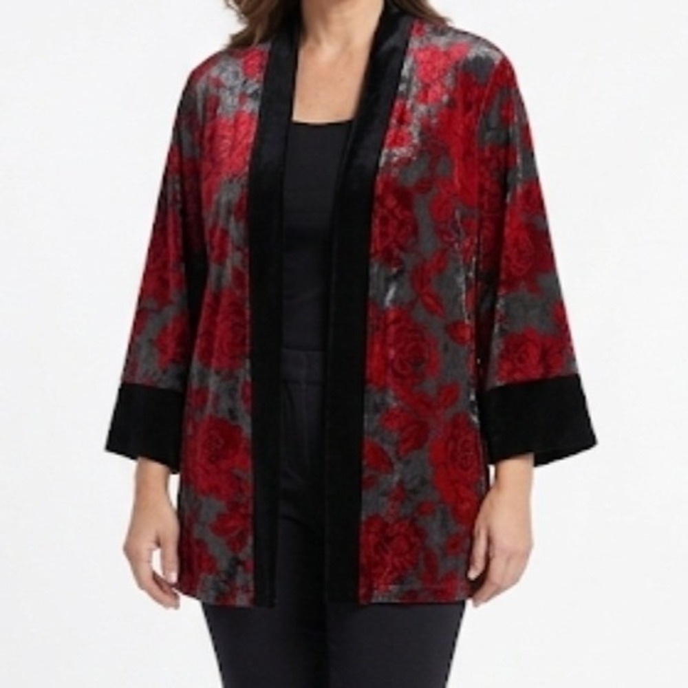 Chico's Travelers Velvet Burnout Cardigan Kimono Jacket Asian Red Black XL P
